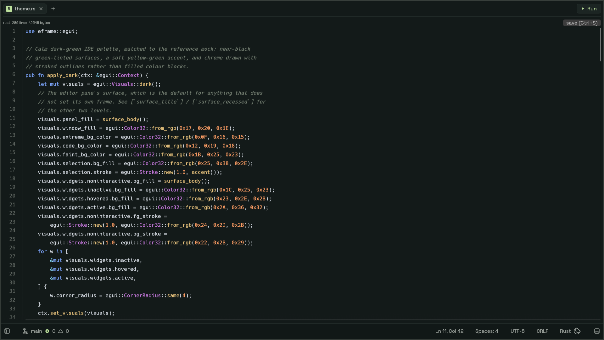 The Snor editor showing highlighted Rust source with a line-number gutter and a tree-sitter theme.