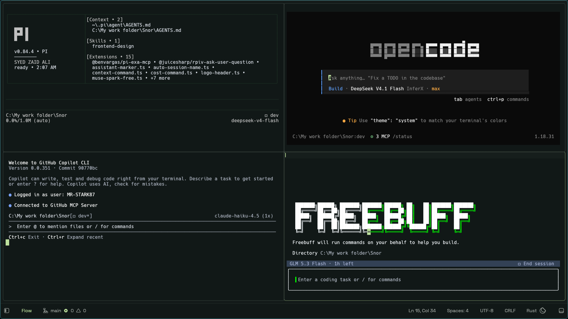 Flow Mode: four live terminal panes, each running a different coding agent — pi, opencode, GitHub Copilot CLI, and Freebuff.