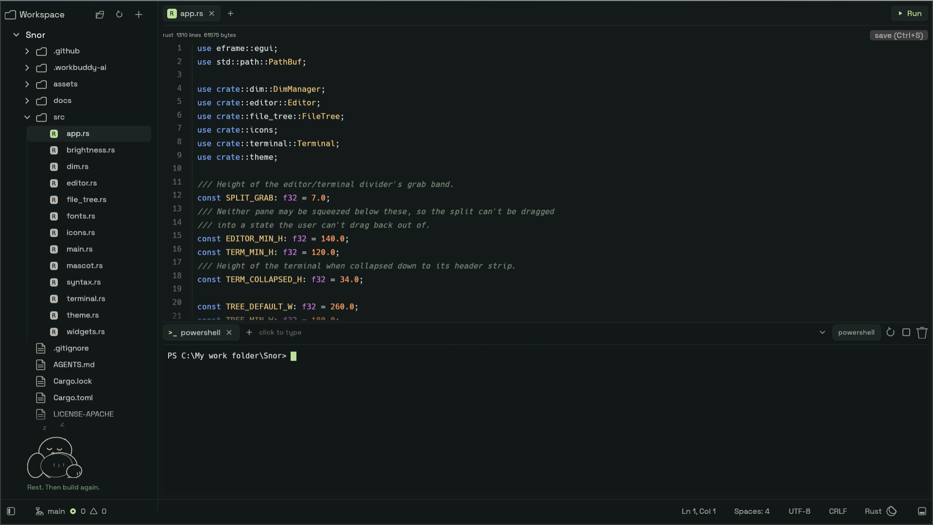 The Snor workspace: a file tree on the left, a highlighted Rust file in the editor, and a PowerShell session below it.