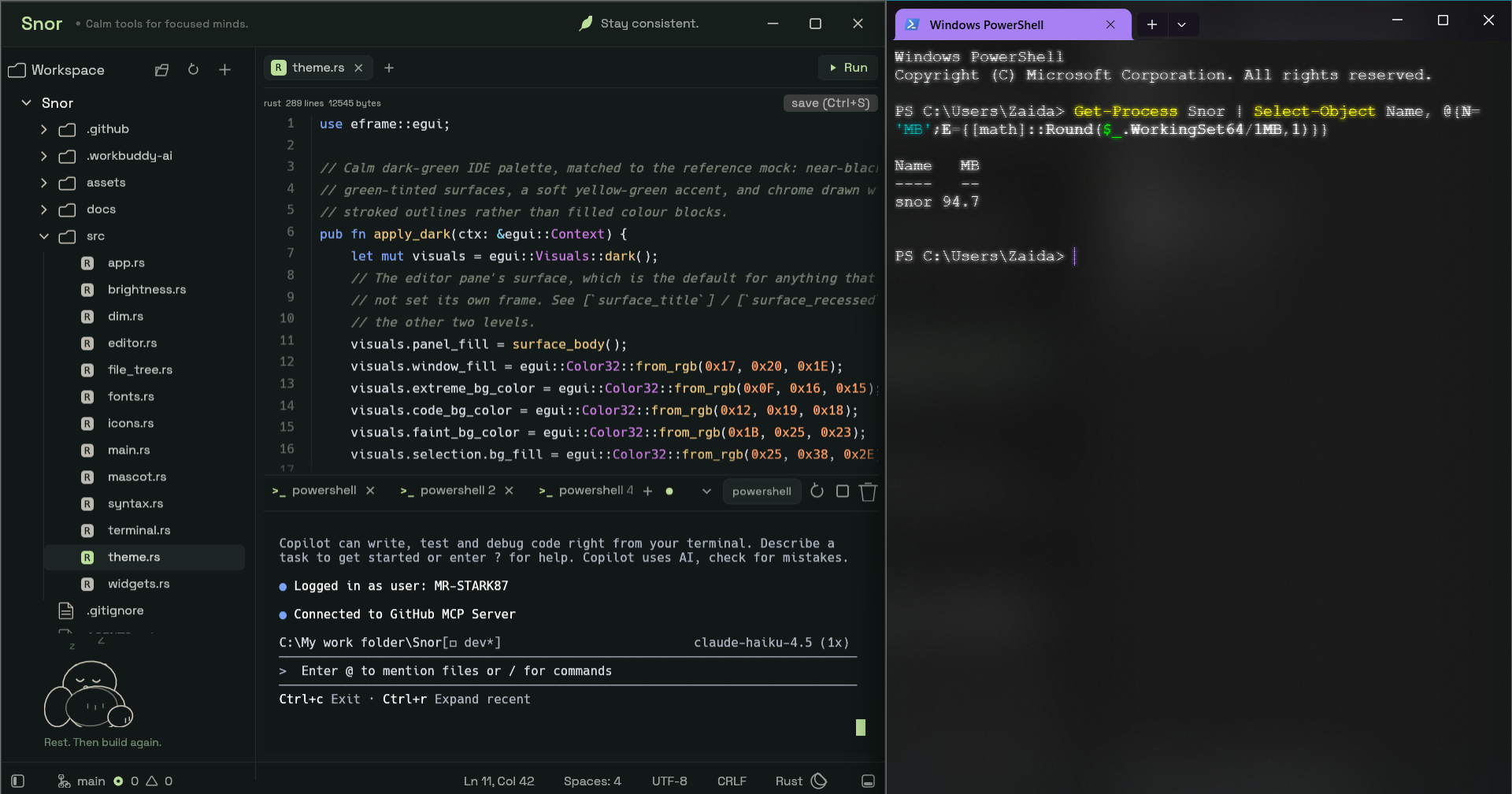 A terminal showing Snor at 94.7 MB resident alongside the running application window.